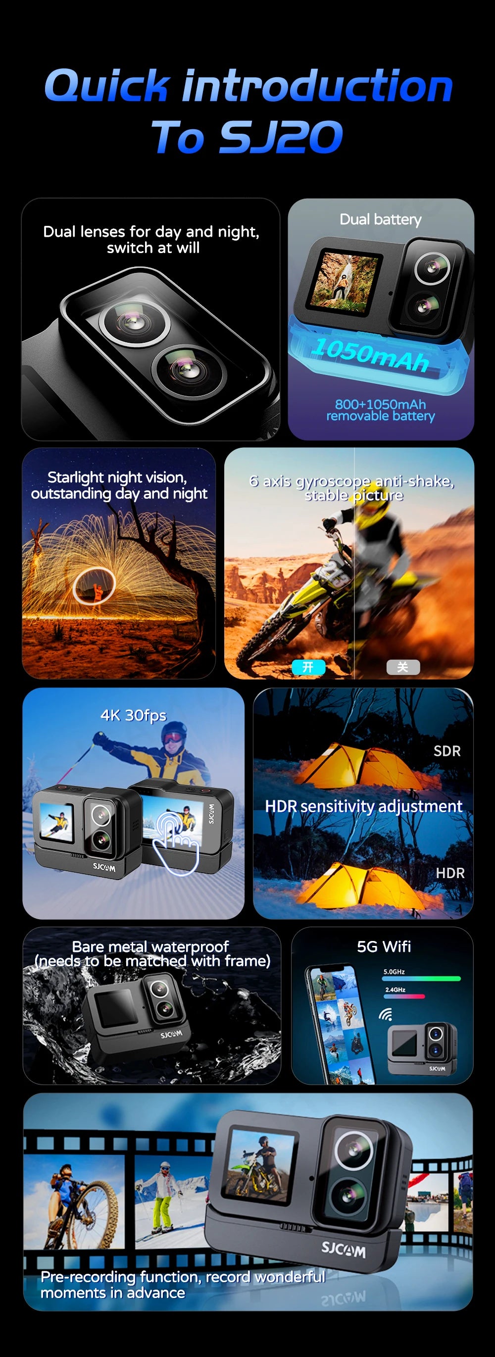 SJCAM SJ20 4K Anti-Shake Action Camera Dual Lens Waterproof 5G WiFi Touch Screen Motion Detection Multifunctional Sports Cam.