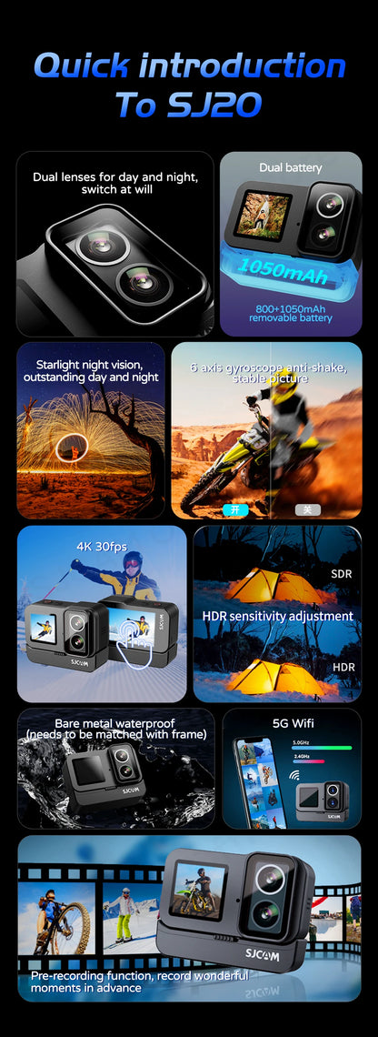 SJCAM SJ20 4K Anti-Shake Action Camera Dual Lens Waterproof 5G WiFi Touch Screen Motion Detection Multifunctional Sports Cam.
