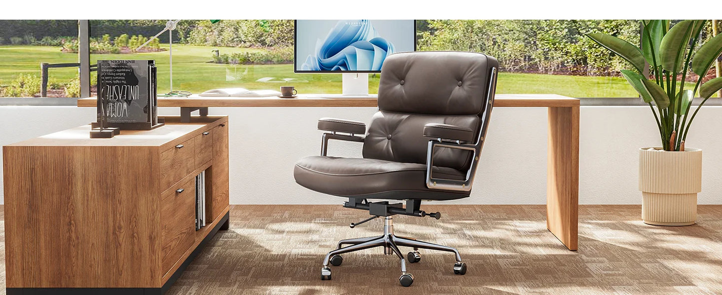 Verstellbarer Bürostuhl aus echtem Leder, Aluminiumlegierung, Sessel, Drehstuhl für Büro, Arbeitszimmer, Wohnzimmer