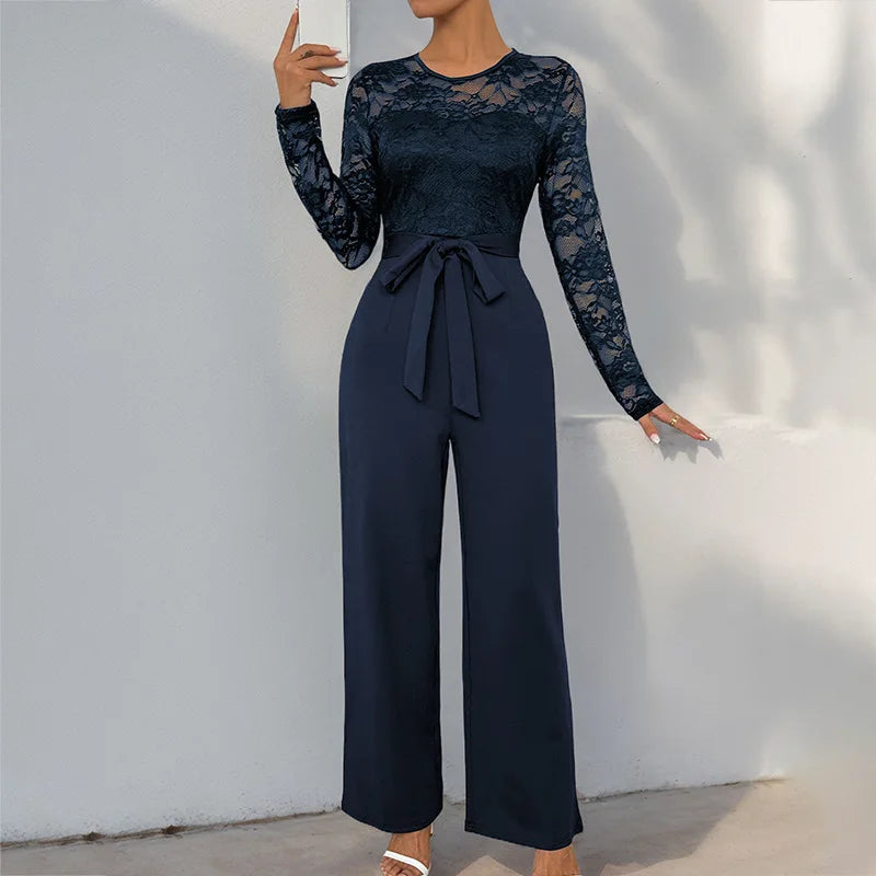 Spring New Women's Sexy Lace Spliced Long Jumpsuit Fashion Solid Color Hollow Long Sleeve Casual Laces Wide Leg Jumpsuit Women