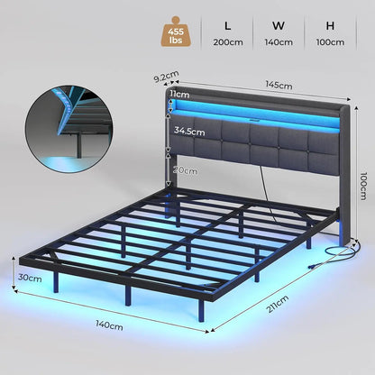 140 x 200 cm großes Polsterbett mit Doppelbettrahmen und LED-Beleuchtung und Ladestation. Kopfteil inklusive schwebendem Bettdesign