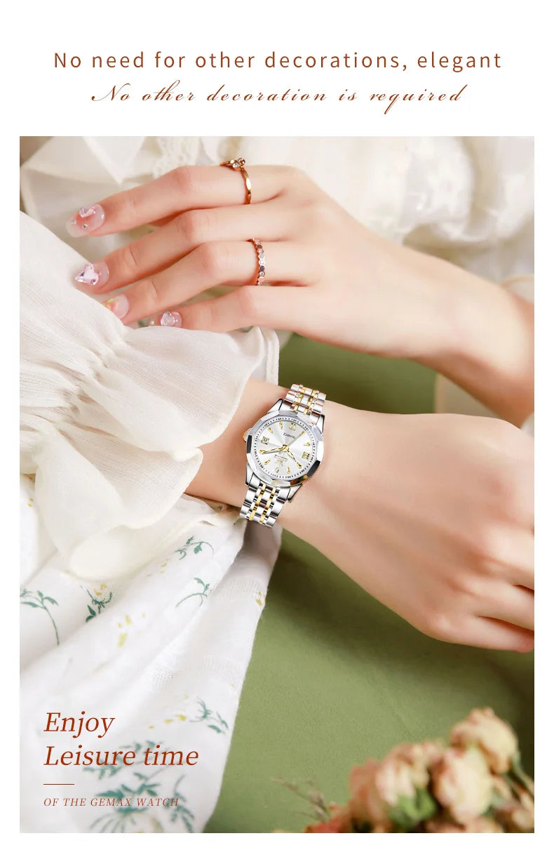 OLEVS Elegant Fashion Ladies Watches 9998 Original Quartz Women's Watches Waterproof Stainless Steel Luminous Date Wristwatch.