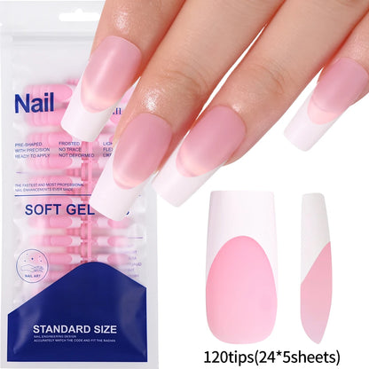 120pcs Pink Ombre Medium Coffin Press On Nails Glossy Handmade Acrylic Fake Nails Tips Gradient Design Artificial False Nails