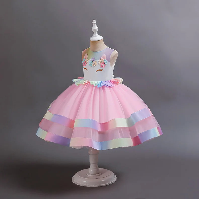 2023 Neues Regenbogen-Einhorn-Kleid für Mädchen, besticktes Tanzkleid, Halloween-Performance-Kleidung, Kinderkleidung, 3–10 Jahre alt.