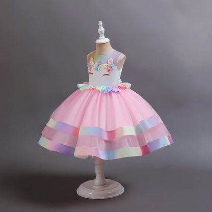 2023 Neues Regenbogen-Einhorn-Kleid für Mädchen, besticktes Tanzkleid, Halloween-Performance-Kleidung, Kinderkleidung, 3–10 Jahre alt.