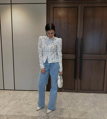 Tuularose Luxury Lace Blouse Fashion Lace Print Single Breasted Slim Shirt Vintage Elegant Party Looks Summer Women Blouse Tops