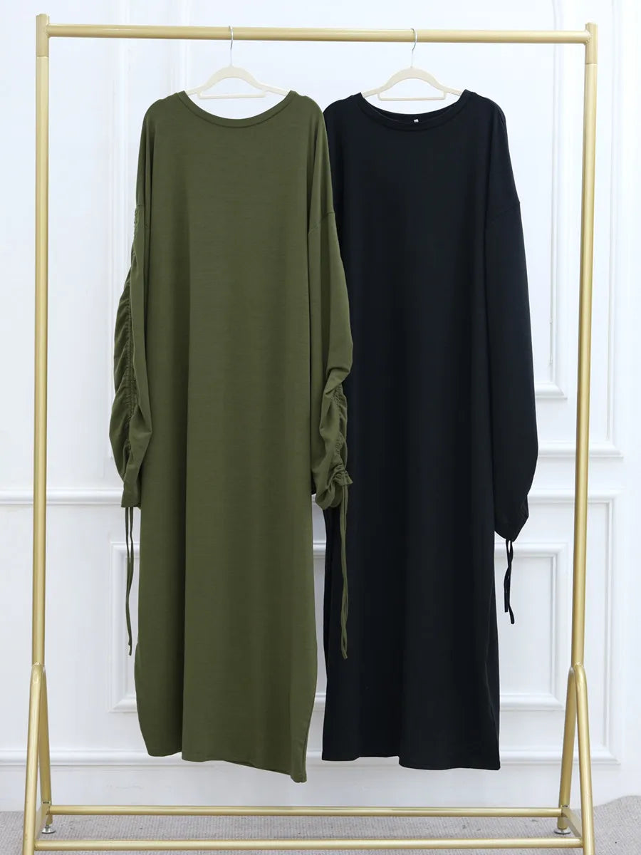Muslim Women Arabic Dubai Abaya Drawstring sleeves Long Dress Modest Ramadan Kaftan Robe Femme musulmane Islam Clothing Kebaya.