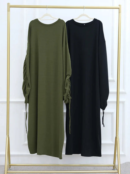 Muslim Women Arabic Dubai Abaya Drawstring sleeves Long Dress Modest Ramadan Kaftan Robe Femme musulmane Islam Clothing Kebaya.
