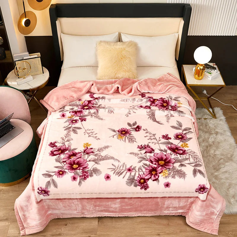 4.5kg Home Thicken Quilt Comforters Winter Warm Raschel Plush Blanket Print Throw Double Layer Fluffy Soft Quilt 200x230cm 이불 이불