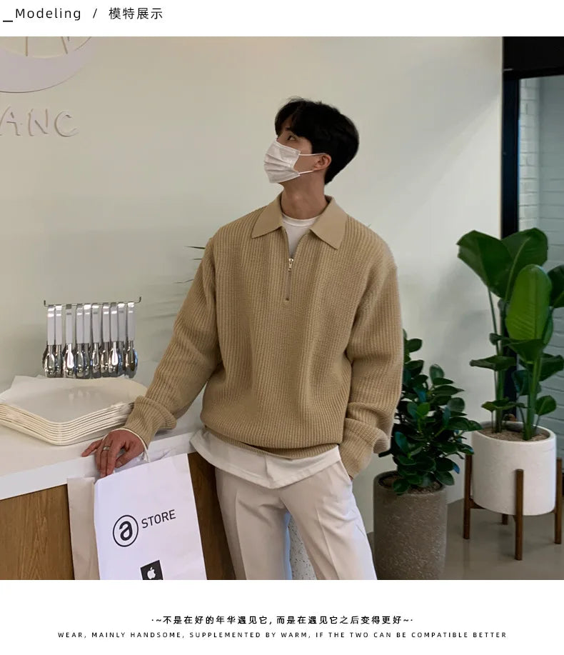 Half Zipper Sweater Men's Autumn and Winter Japanese Retro Korean Lapel Sweater Loose Casual Thread Trend.