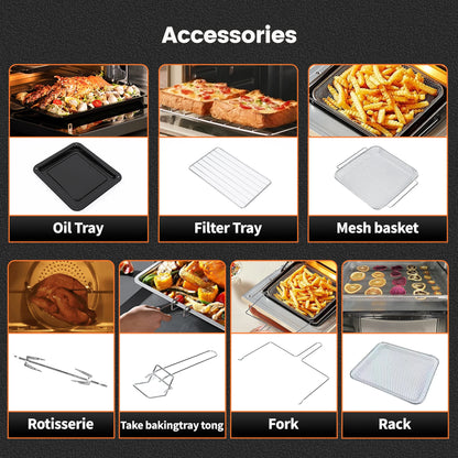 Hot Air Fryer 14L XXL Airfryer Mini Oven 1800W with 11 Programmes LED Screen, 5 Accessories Including Rotisserie and Recipe Book.