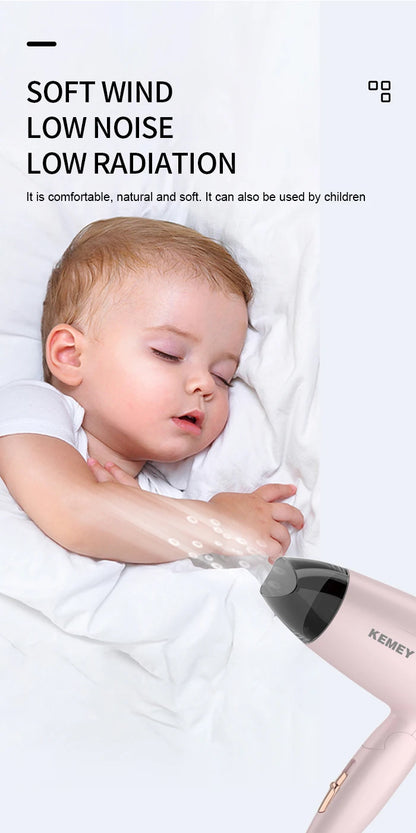 Kemei Portable Handle Compact Hair Dryer Foldable Low Noise Blower Dryer Hot Wind Long Life for Outdoor Travel 950W Student Use