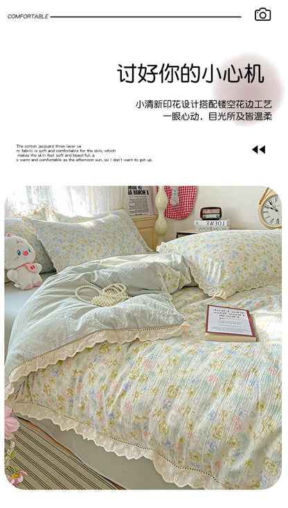 2025 new small fresh printing French lace lace double four-piece set bedding wrinkled yarn student three-piece set.