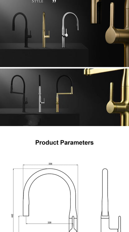 Luxury Brushed Gold Brass Pull Out Kitchen Faucet with Ceramic Cartridge Hot Cold Water Sink Tap Modern High End Sprayer Durable