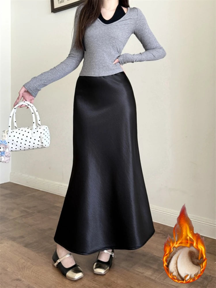High Waist Women's Fleece-Lined Thickened Elegant Long Skirt Satin Mermaid Skirt Elegant Drapey Bodycon Skirt For Autumn Winter