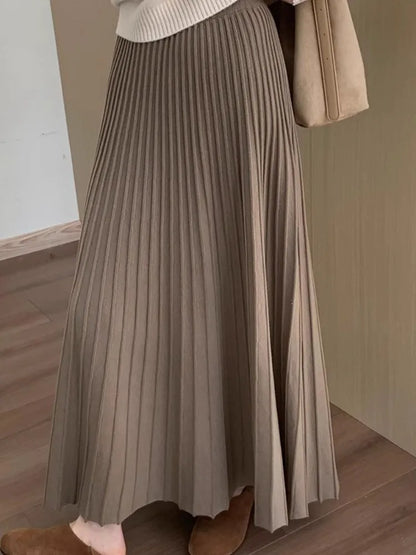 2026 Khaki Cashmere Knitted Midi Skirt for Women, Loose Fit, Draped, Slimming A-Line Pleated Skirt for Autumn and Winter.