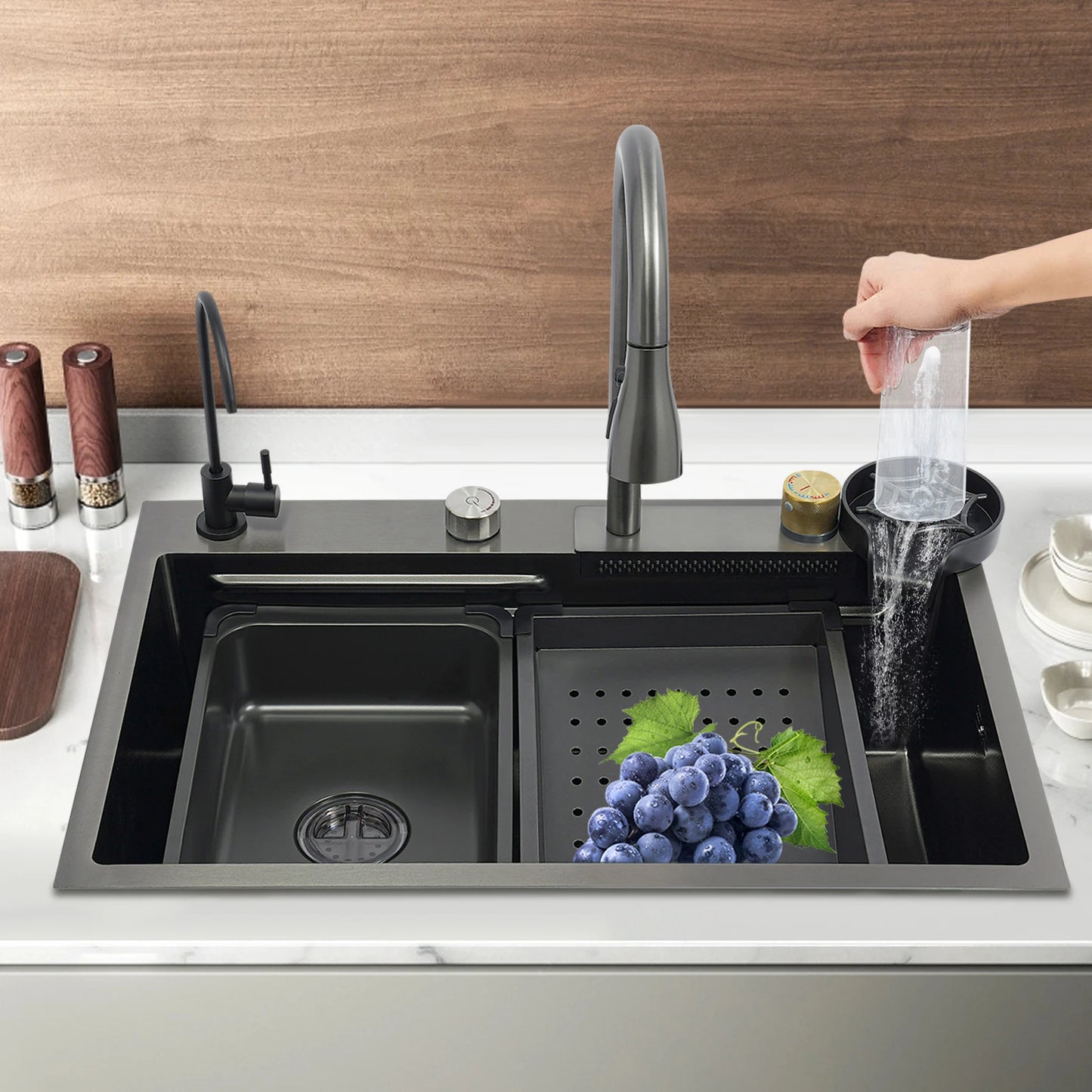 Edelstahl Rechteckige 68*45*21 cm Küche Waschbecken Große Single Slot Wasserhahn Set Seifenspender Tasse Waschmaschine