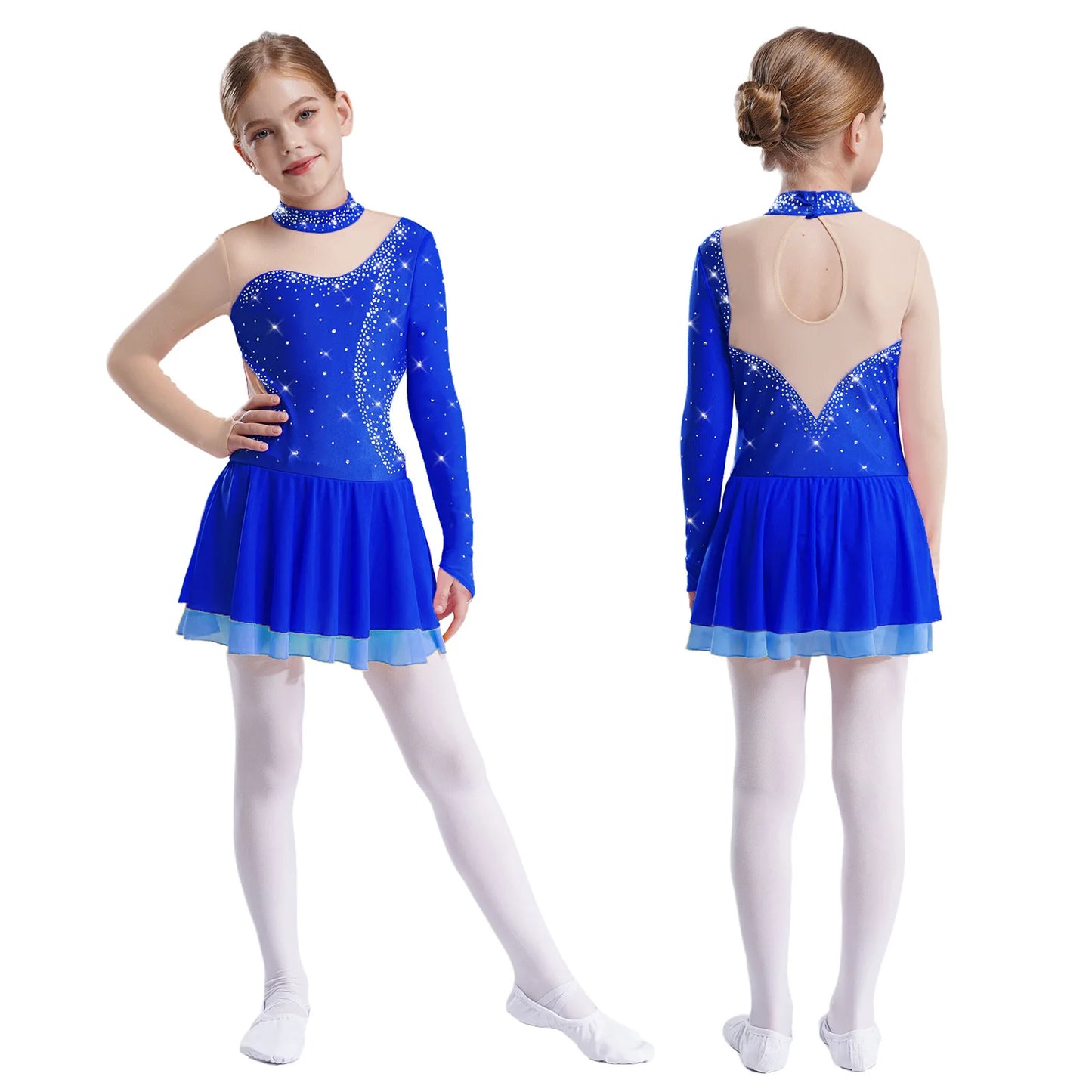 Kinder Mädchen Eiskunstlauf Kleid Lyrical Ballett Tanz Rhythmische Gymnastik Leistung Kostüm Langarm Strass Trikot