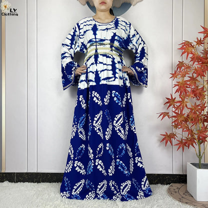 New Women Party Dress Dubai Muslim Summer Cotton Long Sleeve Collect Waist Boubou Maxi Islam Women Elegant Dress African Abaya.