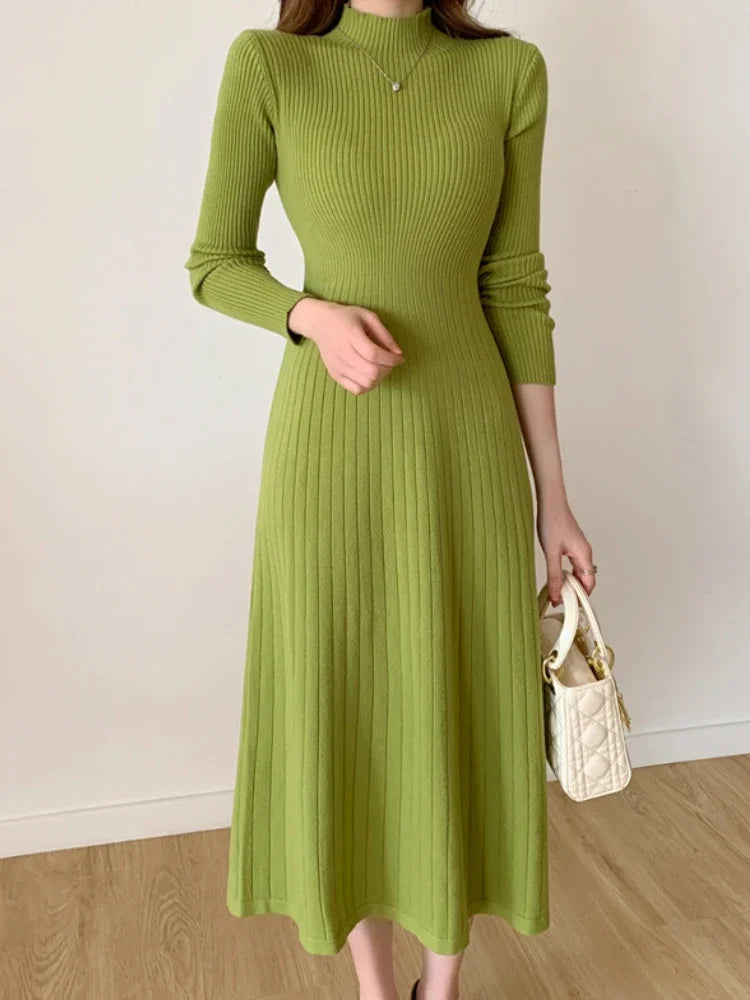 Herbst Winter schlankes Langarm Party Midi Kleid für Frauen gestrickt halbhohen Kragen elegante Strick pullover Kleider Damen.