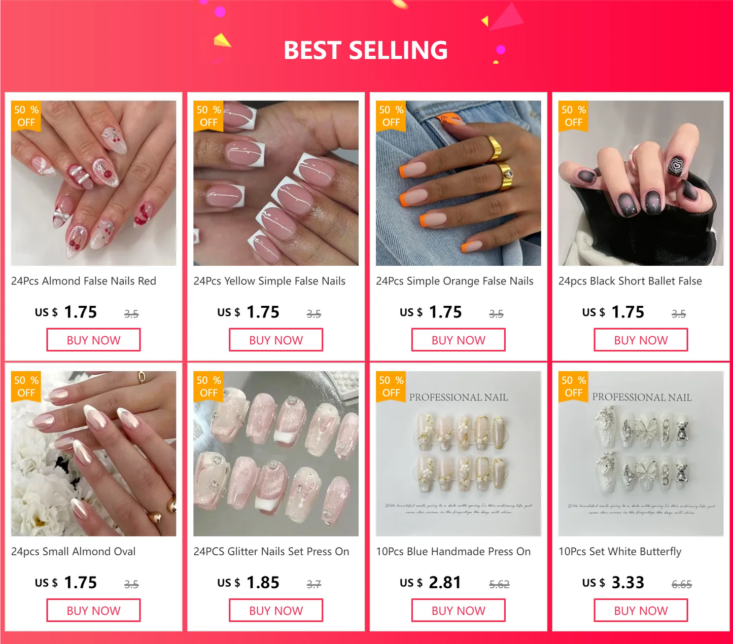 24Pcs French False Nails Almond Fake Nails with Glue Press on White Edge Design Wearable Simple Ins Pink Stiletto Nail Tips.