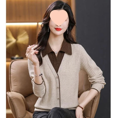 Gestrickte Frauen Top Lange Ärmeln Faux Zwei-Stück Pullover Frühling Herbst drehen-unten Kragen Modische Stilvolle Pullover Basis schicht Top.