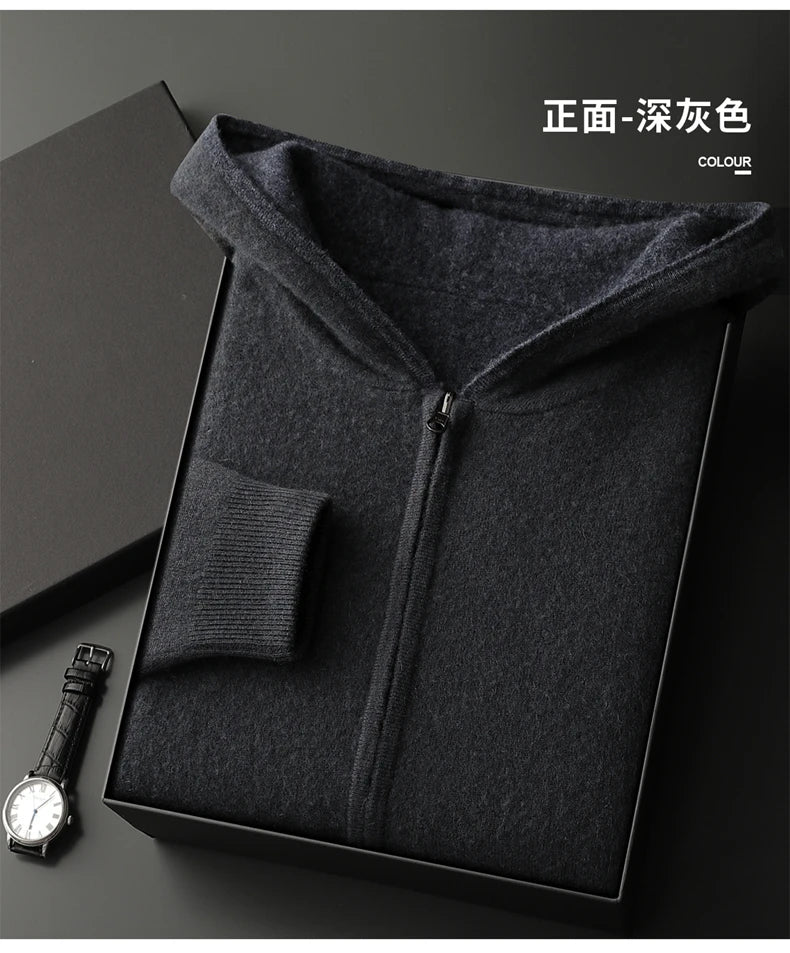 Autumn Winter Pure Cashmere Sweater Double-sided Cardigan Men's Casual Zipper Thickened Cashmere Knitted Hooded Sweater Coat