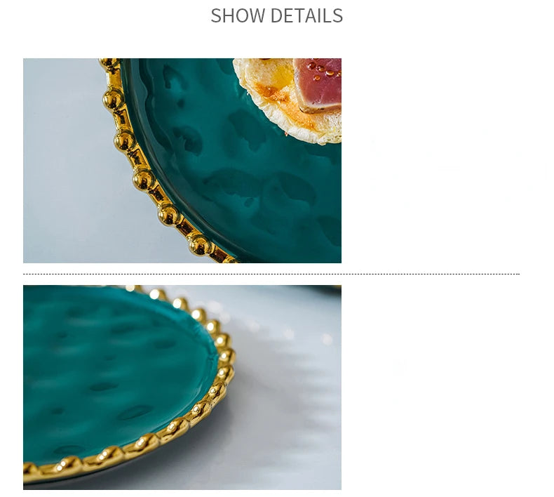 Nordic Ins Style Golden Edge Bead Plate Western Food Steak Plate Home Network Red Dish Creative Tableware Plate Breakfast Salad.
