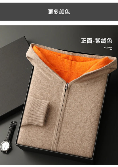 Autumn Winter Pure Cashmere Sweater Double-sided Cardigan Men's Casual Zipper Thickened Cashmere Knitted Hooded Sweater Coat