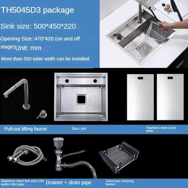 Hidden Stainless Steel Kitchen Sinks Modern Kitchen Accessories with Cover Kitchen Sink Dish Drainer Light Luxury Single Tank L