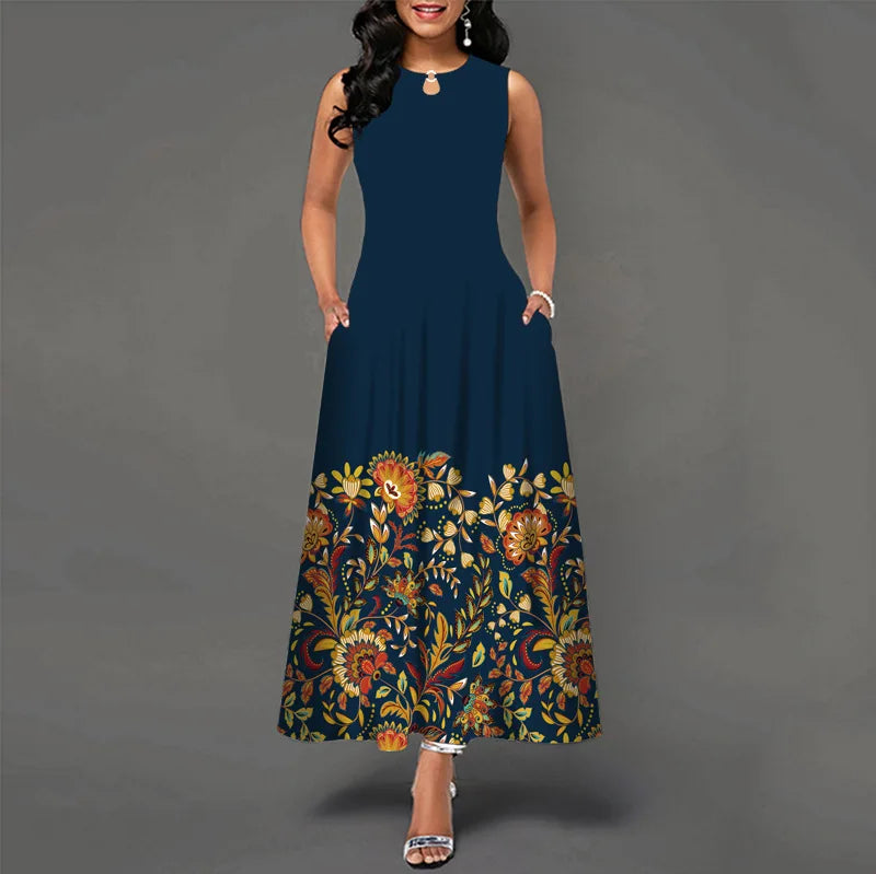 Blumendruck Neues lässiges ärmelloses langes Kleid Damen V-Ausschnitt bedrucktes Kleid Swing Bohemian Retro Kleider