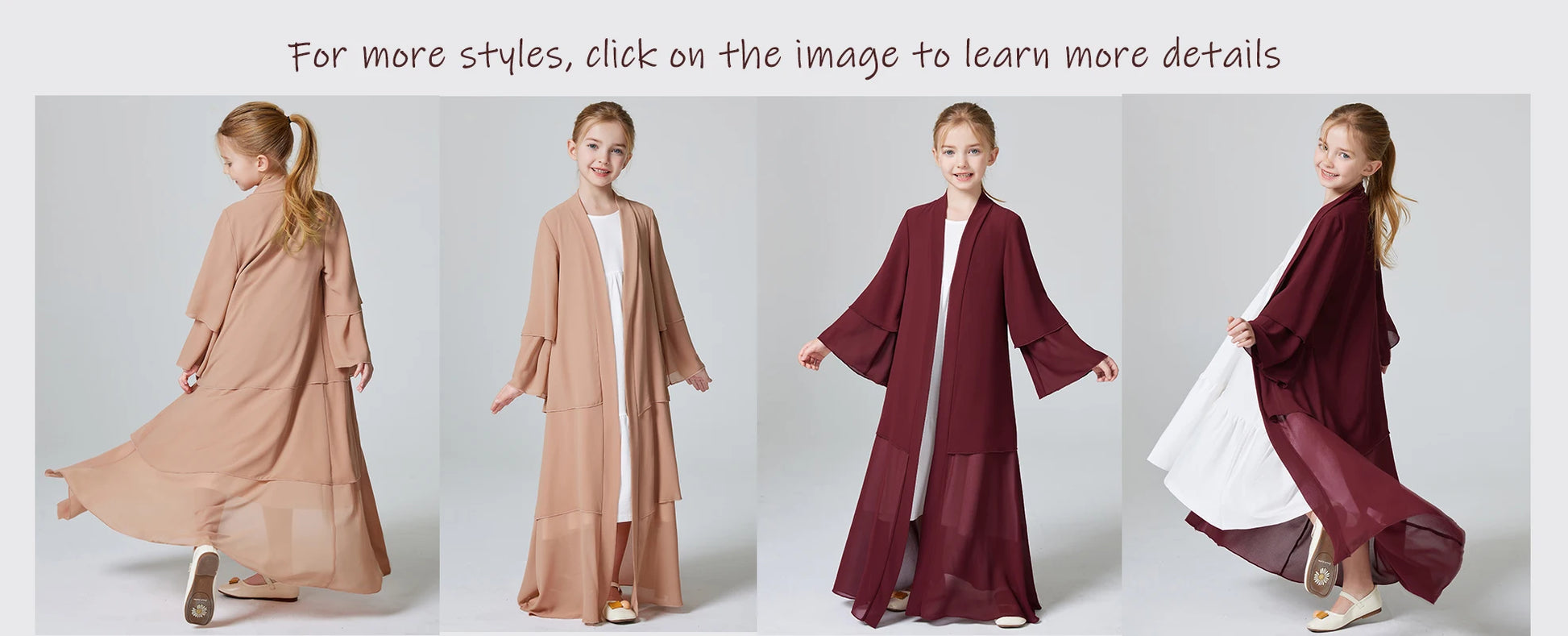 Ramadan Kebaya Muslim Girls Abaya 3 Layered Chiffon Kids Abaya Dress Open Front   Outerwear (Without Hijab).