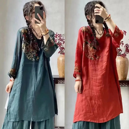 Schwerindustrie besticktes Kleid im Ethno-Stil, mittellang, Sommer, neuer Stil, Retro-Top, Rock mit Neun-Punkt-Ärmeln.