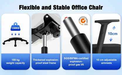 AUTHMIC Ergonomischer Bürostuhl aus Netzstoff, verstellbarer, drehbarer Computer-Schreibtischstuhl mit Liegestuhl 90er ° -135 Lordosenstütze für das Heimbüro