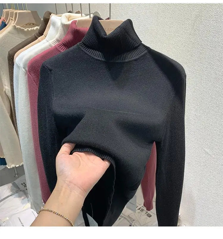 2025 neue Verdicken Hohe Kragen Pullover frauen Pullover Top Winter Warme und Weiche Einfarbig Inneren Tragen Bodenbildung Shirt