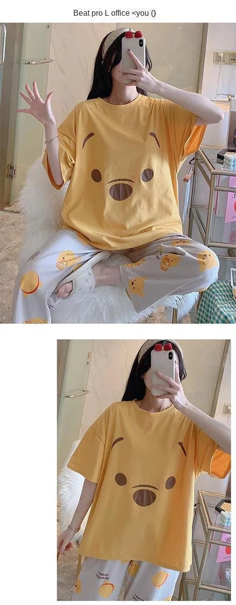 Sommer Pooh Bär Nachtwäsche frauen Lose Bequeme Cartoon Print Hause Kleidung Set Kurzarm Nachthemd Mickey Pyjama Set.