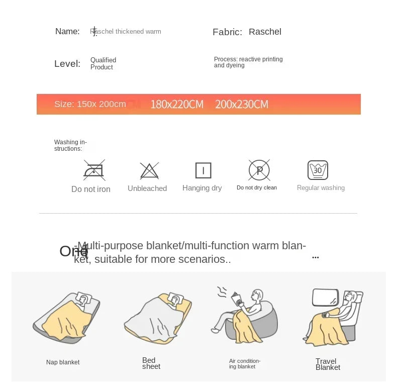 New Raschel plush thickened warm blanket 1PC 150/180/200cm nap air-conditioned room the aircraft  machine washable
