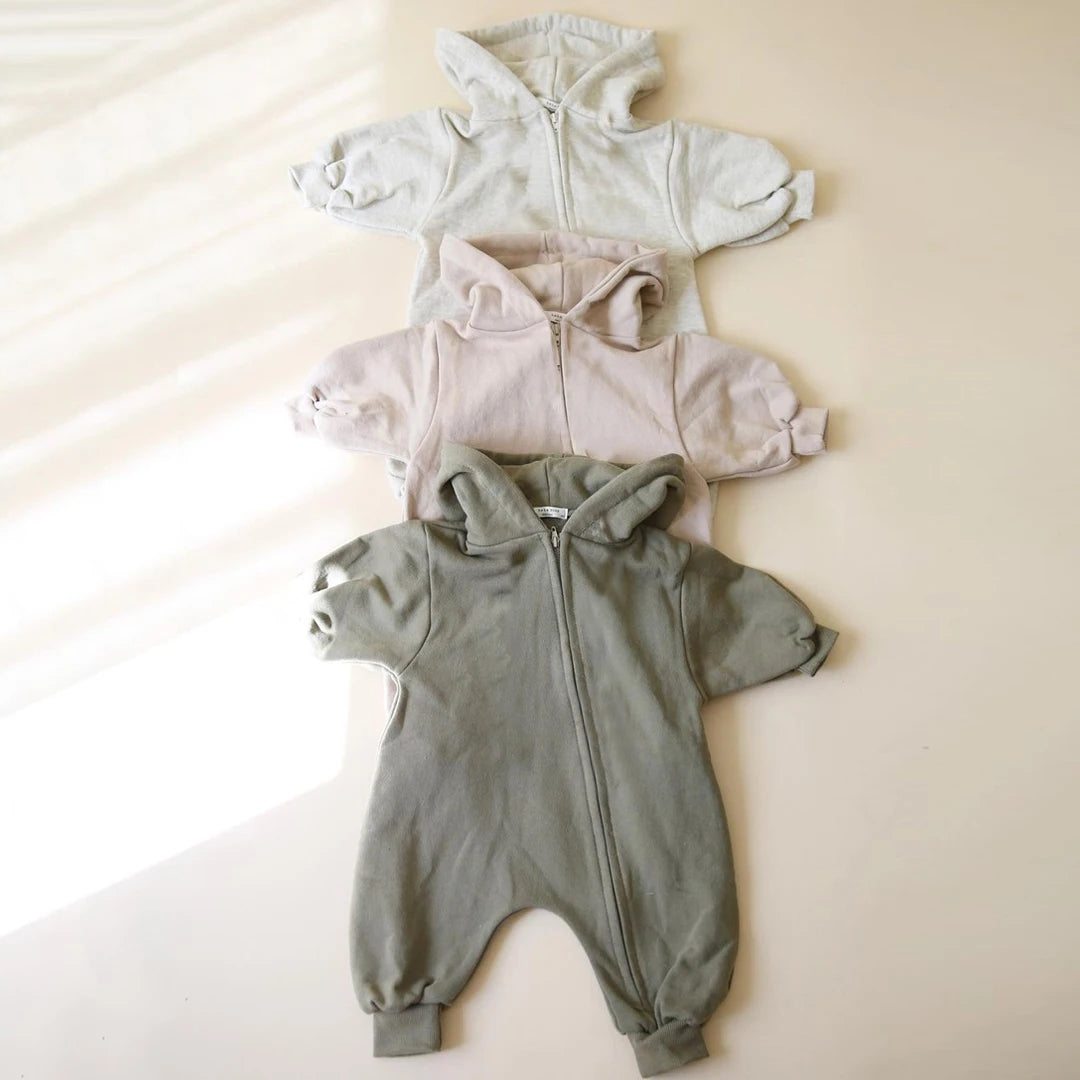 2024 Baby Kapuze Reiß verschluss Bodysuit Neugeborene Jungen und Mädchen Bergsteiger Anzug einfarbig Bodysuit Long Fit Sport Kletter anzug.