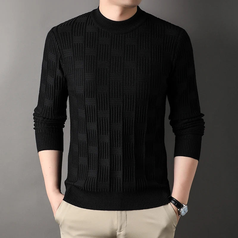 Luxury high-quality round neck exquisite plaid knitted sweater men's autumn and winter new casual warm comfortable pullover.