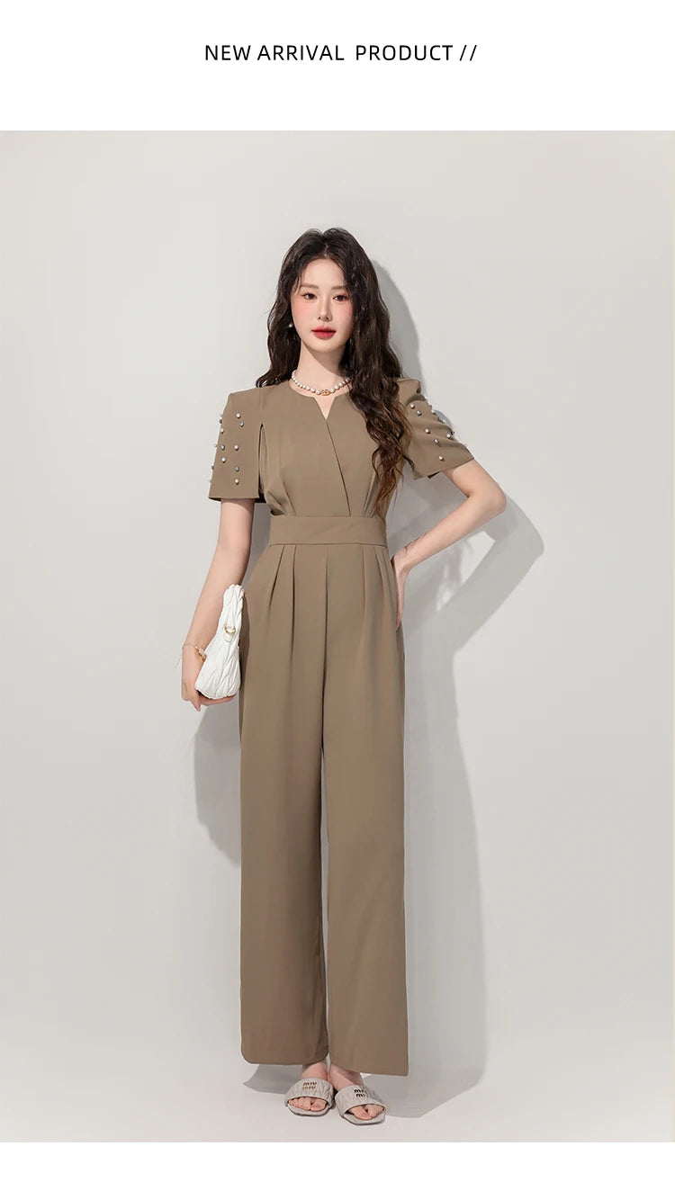Women's Luxury Diamond-Studded Jumpsuit – Slim Fit Wide Leg Palazzo Pants, Autumn Short Sleeve Romper with High Waist.