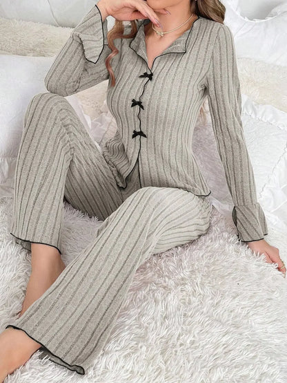 Autumn Winter Warm Pajamas Set for Woman Sleepwear Lapel Bow Fashion Sexy Long Sleeve Tops and Trousers Home Suit.