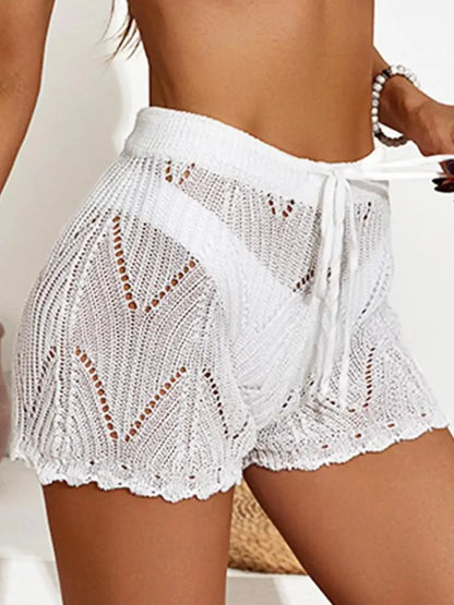 Summer 2025 New Black White Hollowed Out Beach Crochet Shorts Women Beige High Waist Slim Drawstring Lace-up Knitted Short Pants.