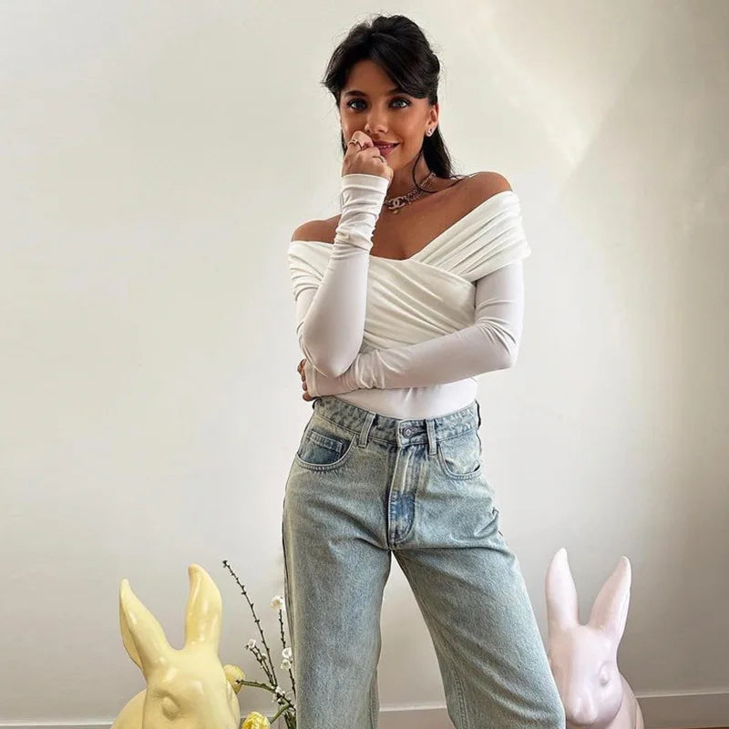 Sexy Off Shoulder Bodysuits Women Fashion Black Crossed Folds Skinny Rompers Long Sleeve Fashion Streetwear Autumn Bodysuits New.