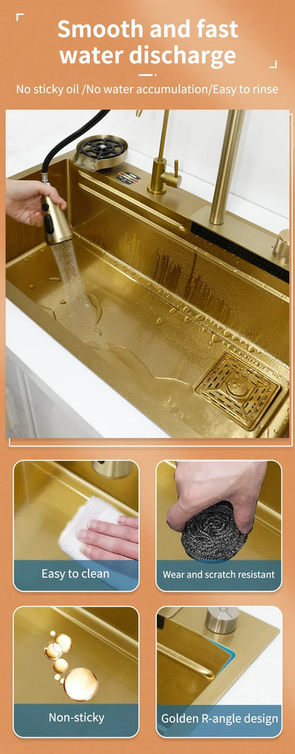 Waterfall Kitchen Sink Gold 304 Stainless Steel Modern Multifuctional Large Sink  Above Counter Apron Front Installation