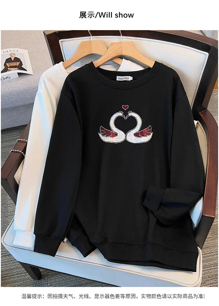 175 kg Übergröße Damen Büste 170 Herbst Lose Rundhals Langarm Diamant Schwan Sweatshirt Schwarz Weiß 5XL 6XL 7XL 8XL 9XL.