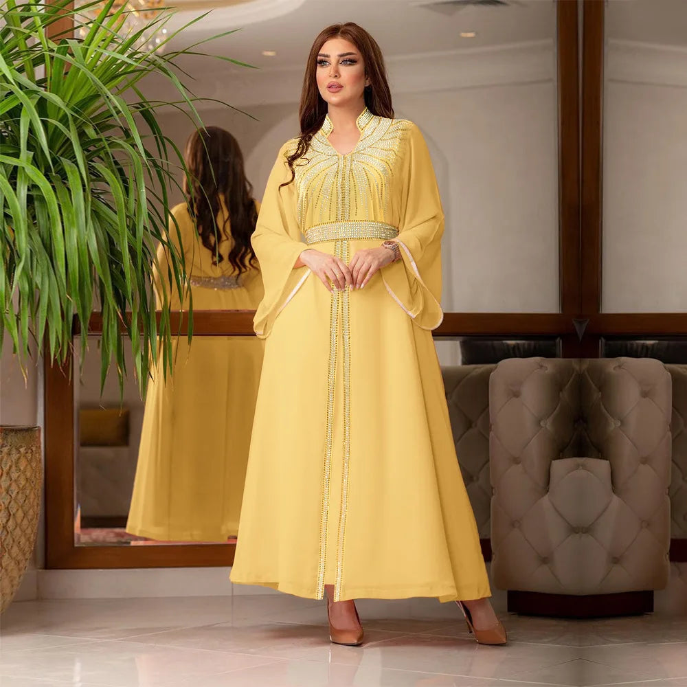 Uni Arabische Robe Mode Nahen Osten Muslimischen Kaftan Dubai Hot Fix Diamant Party Abendkleider für Frauen Kerb Stehkragen.