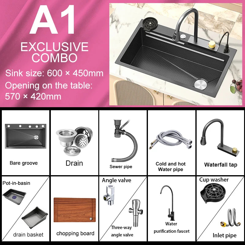 New Stainless Steel Kitchen Sink with Waterfall  Large Single Slot Various Multifunctional Sinks Dish and Vegetable Wash Basin