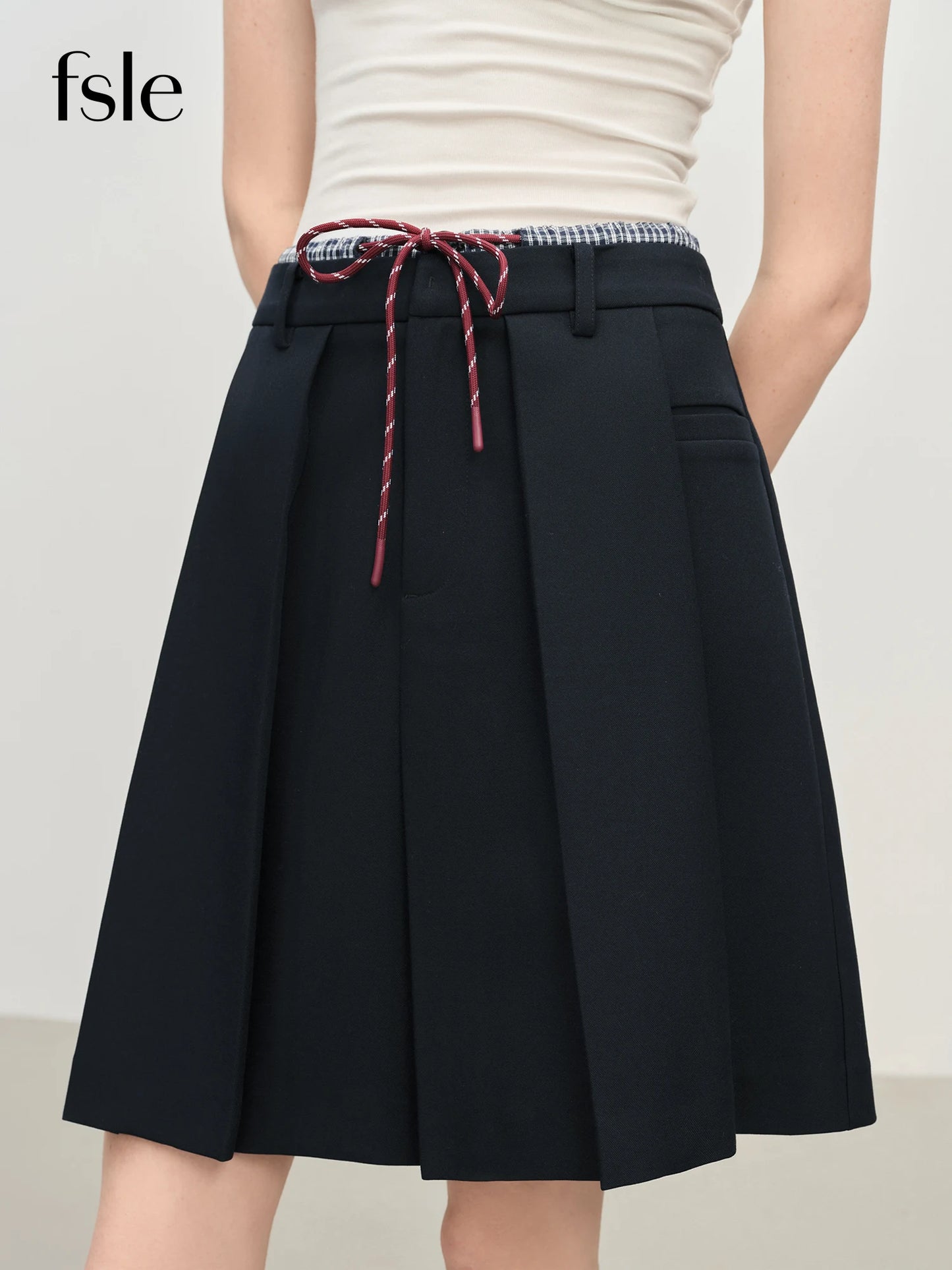 FSLE Double Waist Fake Two-piece Plaid Splicing Drawstring Skirt 2025 Autumn New Style Skirt 25FS13096.