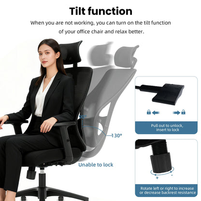 Durrafy Ergonomischer Bürostuhl, Bürostühle, Schreibtischstuhl mit verstellbarer Kopfstütze, Armlehnen, 150 kg Tragfähigkeit, Schwarz