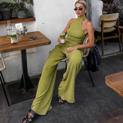 Tuularose Hanging Green Pants Set Sleeveless Backless Personality Temperament Commuter Two-piece Set Summer New Women Pants Set.